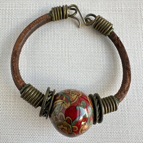 Vintage Boho Ceramic Bracelet, Leather Cord Choker - Picture 4 of 7